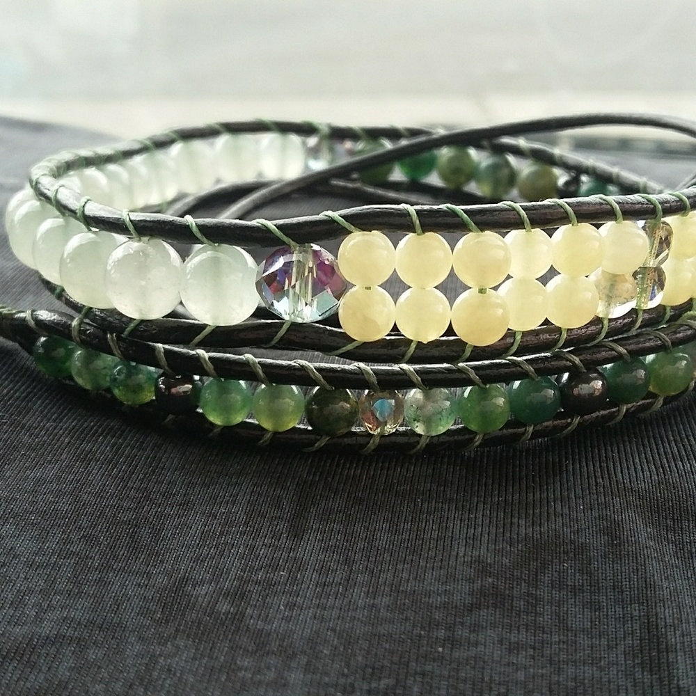 Gemstone beaded leather wrap bracelet